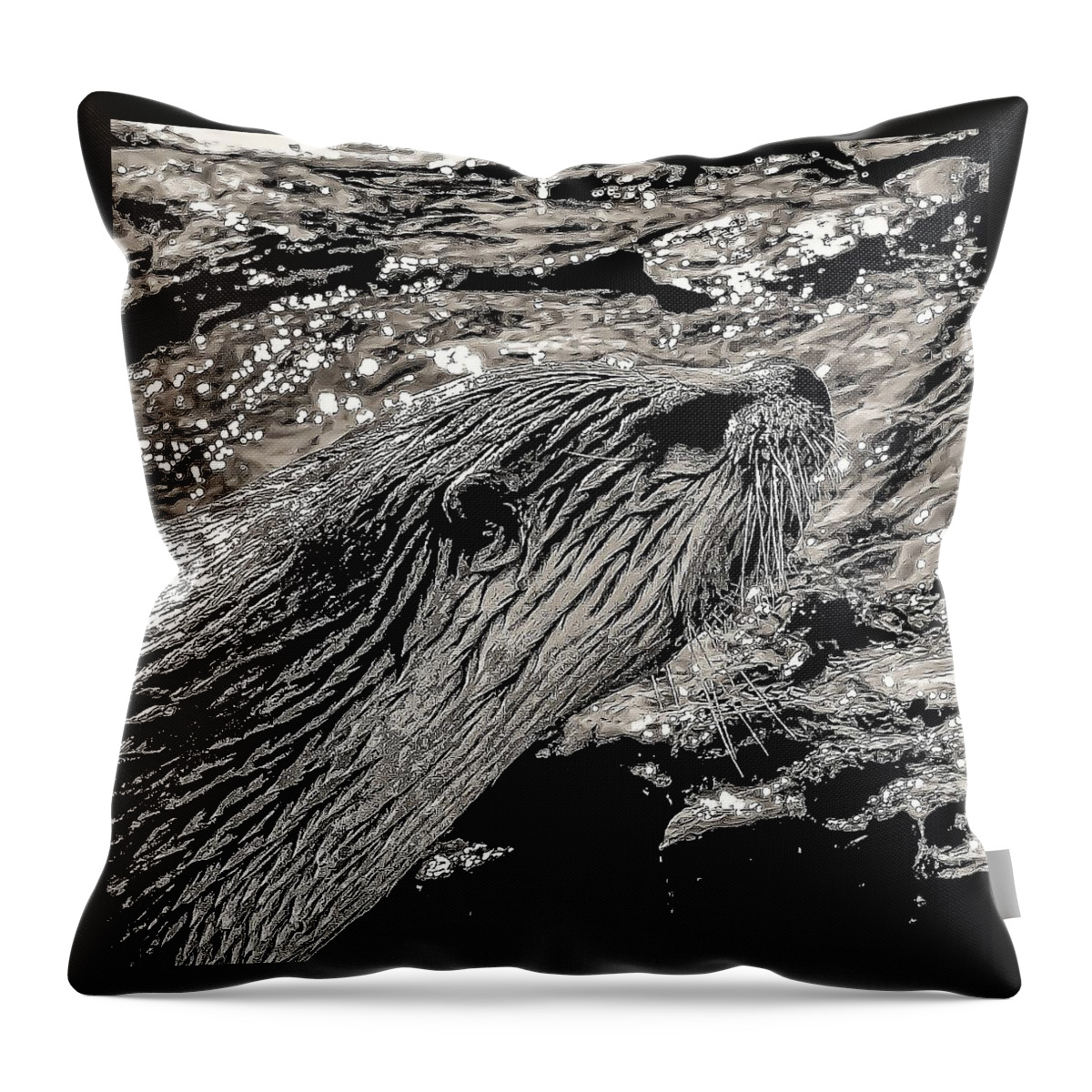 Otter Water River Pond Black White Throw Pillow featuring the photograph Otter2 by John Linnemeyer