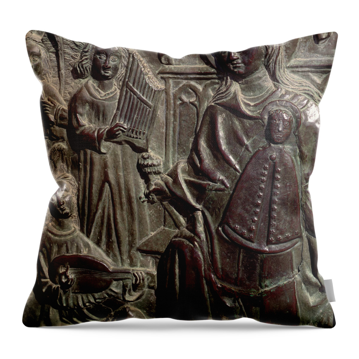 Virgin Throw Pillow featuring the relief Our Lady of Guadalupe with Angels by Spanish School