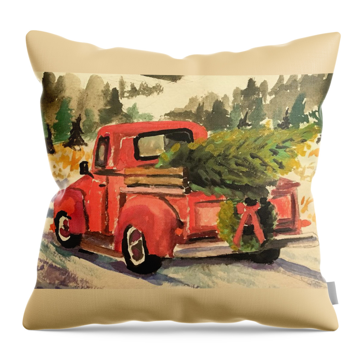 Red Throw Pillow featuring the painting Over the River and through the Woods by Susan Elizabeth Jones
