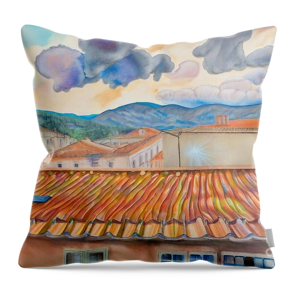 Roof Throw Pillow featuring the painting Over the roofs Painting roof windows bubble dream evasion house landscape art artwork background beautiful blue colorful countryside farm farmland field flower fragrance france house illustration by N Akkash