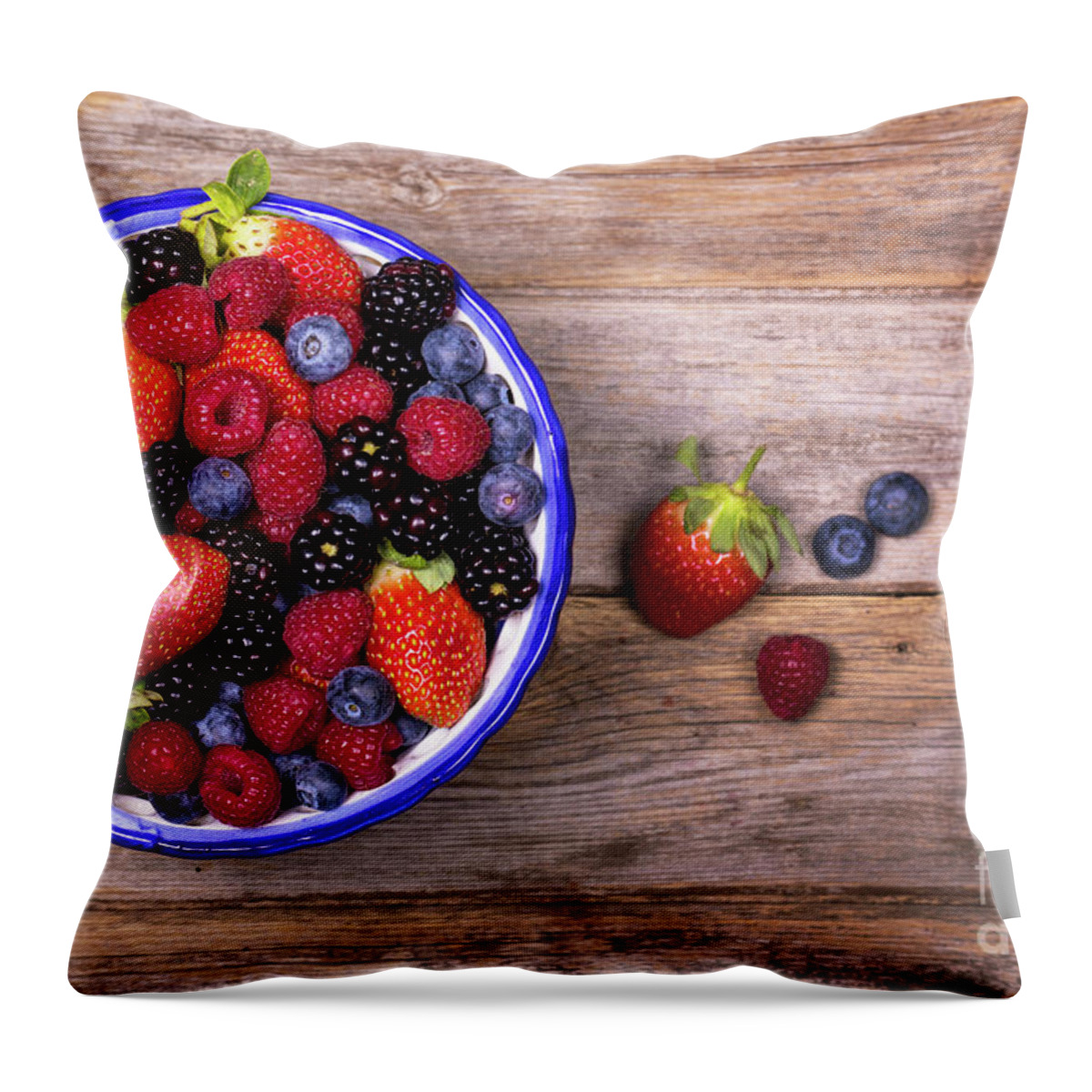 Background Throw Pillow featuring the photograph Overhead view of summer fruits in a bowl by Jane Rix