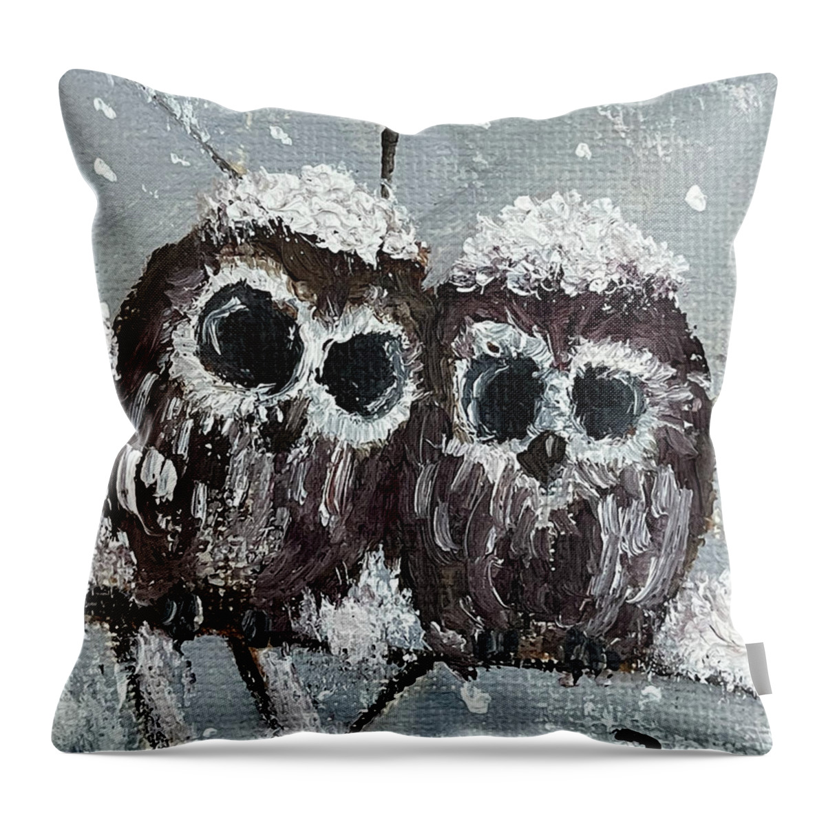 Owls. Baby Owls Throw Pillow featuring the painting Owl Chicks in the Snow by Roxy Rich