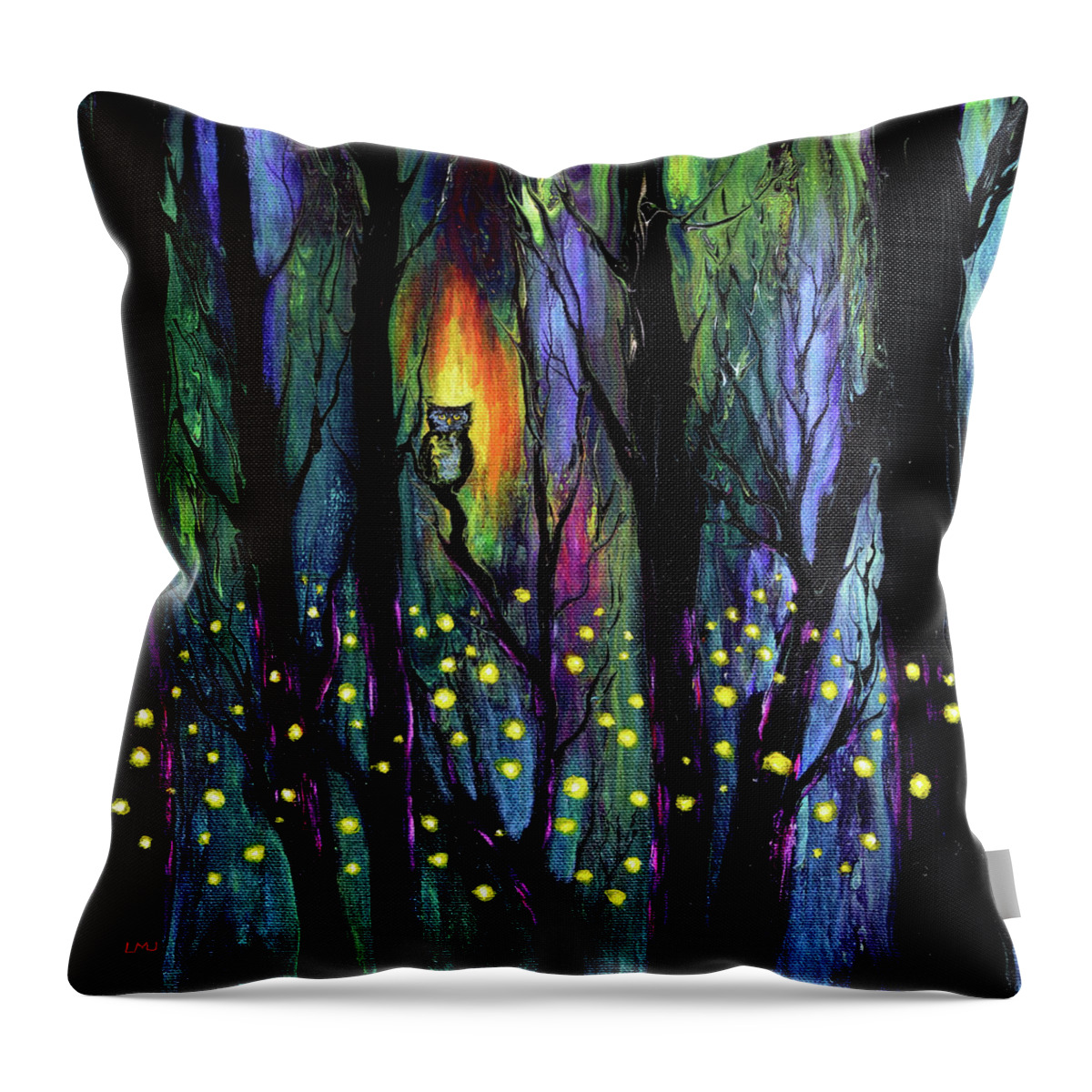 Pour Painting Throw Pillow featuring the painting Owl in a Deep Dark Forest by Laura Iverson