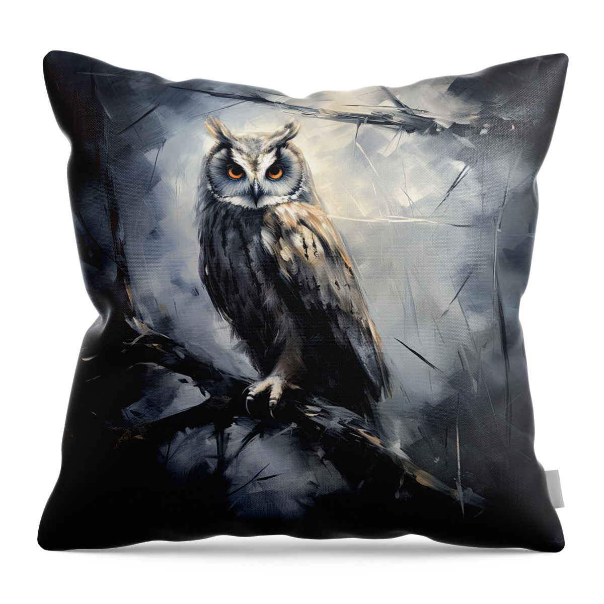 Owl Throw Pillow featuring the painting Owl's Watch - Mysterious Owl Art by Lourry Legarde
