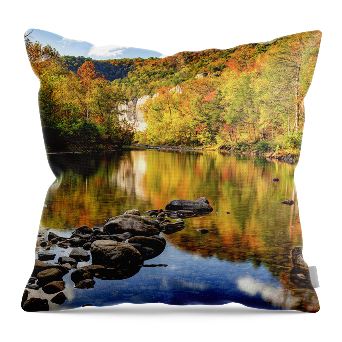 Roark Bluff Throw Pillow featuring the photograph Ozark Mountains And Roark Bluff Autumn Reflections by Gregory Ballos