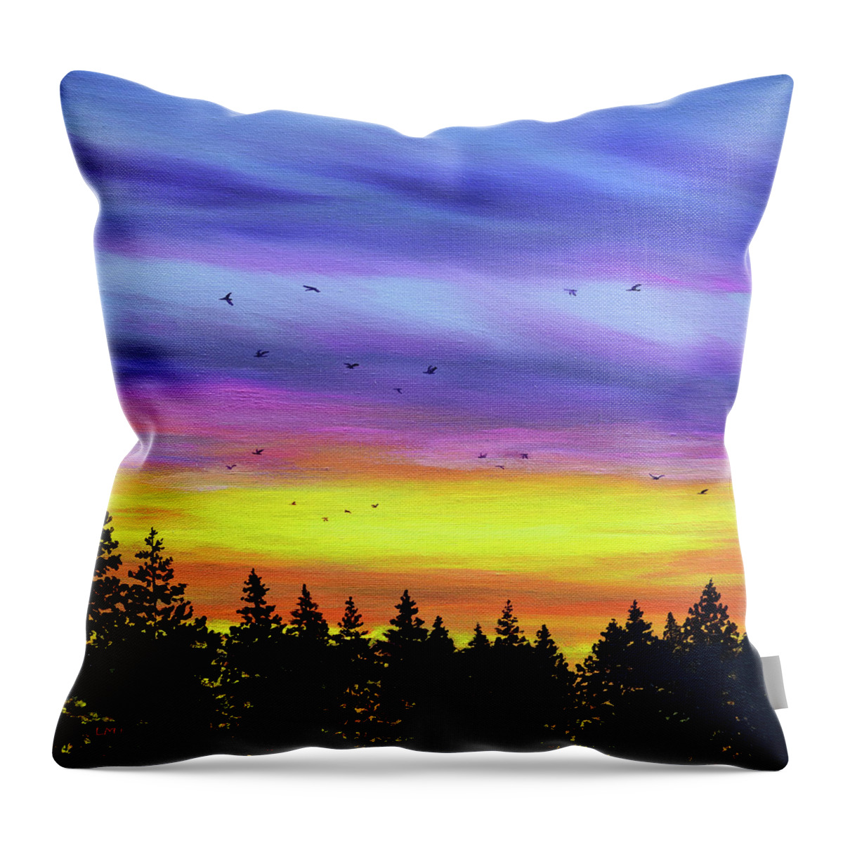 Geese Throw Pillow featuring the painting Pacific Northwest Sunset over Pine Trees by Laura Iverson