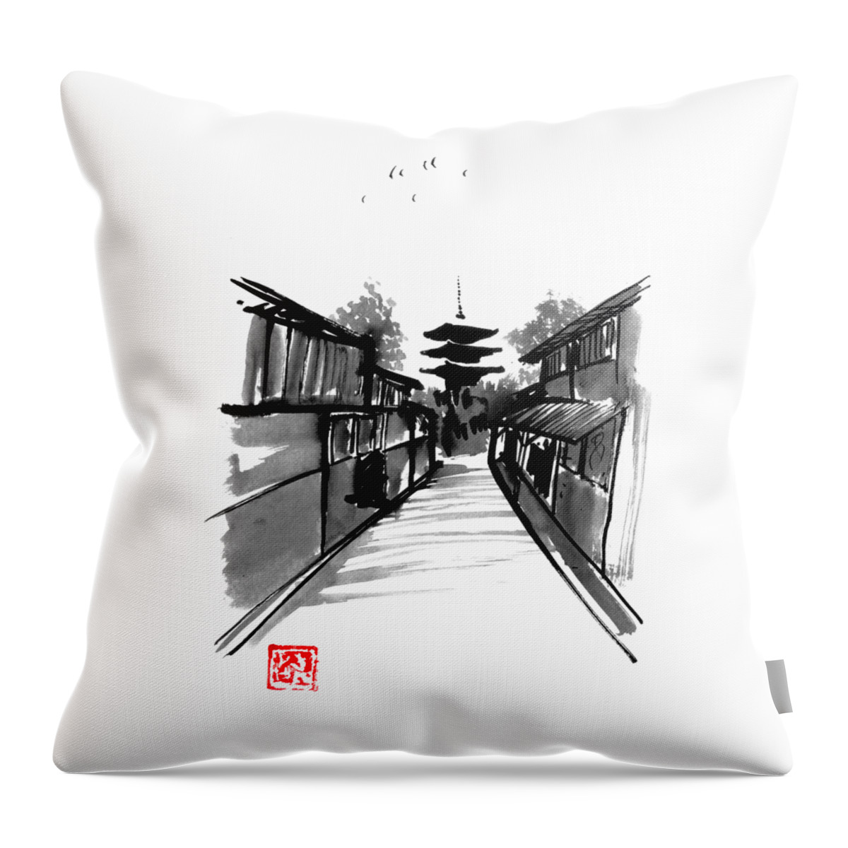Pagoda Throw Pillow featuring the drawing Pagoda by Pechane Sumie