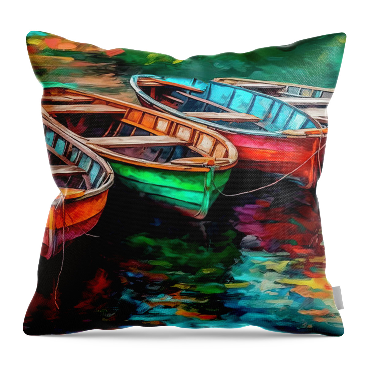 Colorful Canoes Throw Pillow featuring the painting Painted Canoes by Mindy Sommers