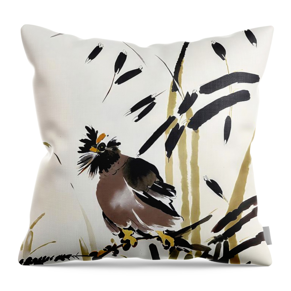 Nature Throw Pillow featuring the painting Painting Blackbird And Cattails nature art backgr by N Akkash