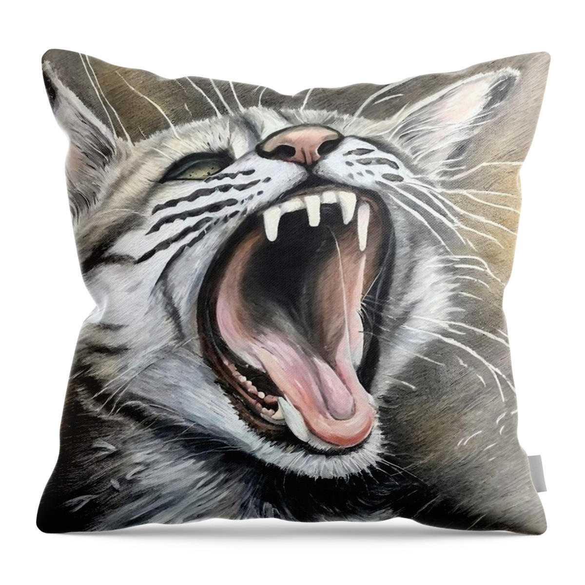 Nature Throw Pillow featuring the painting Painting Cat Yawn nature mammal fur cat animal po by N Akkash