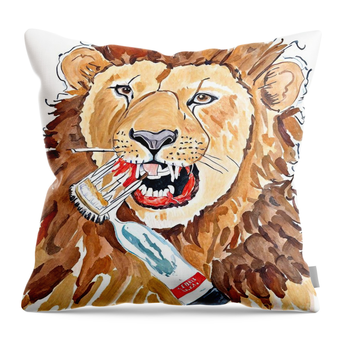 Head Throw Pillow featuring the painting Painting Lion Brushing Teeth Bath Watercolor Pain by N Akkash