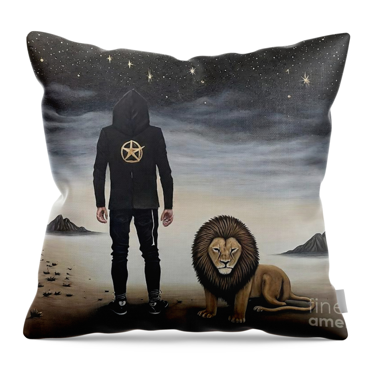 Lion Throw Pillow featuring the painting Painting On The Beach lion mammal art wild animal by N Akkash
