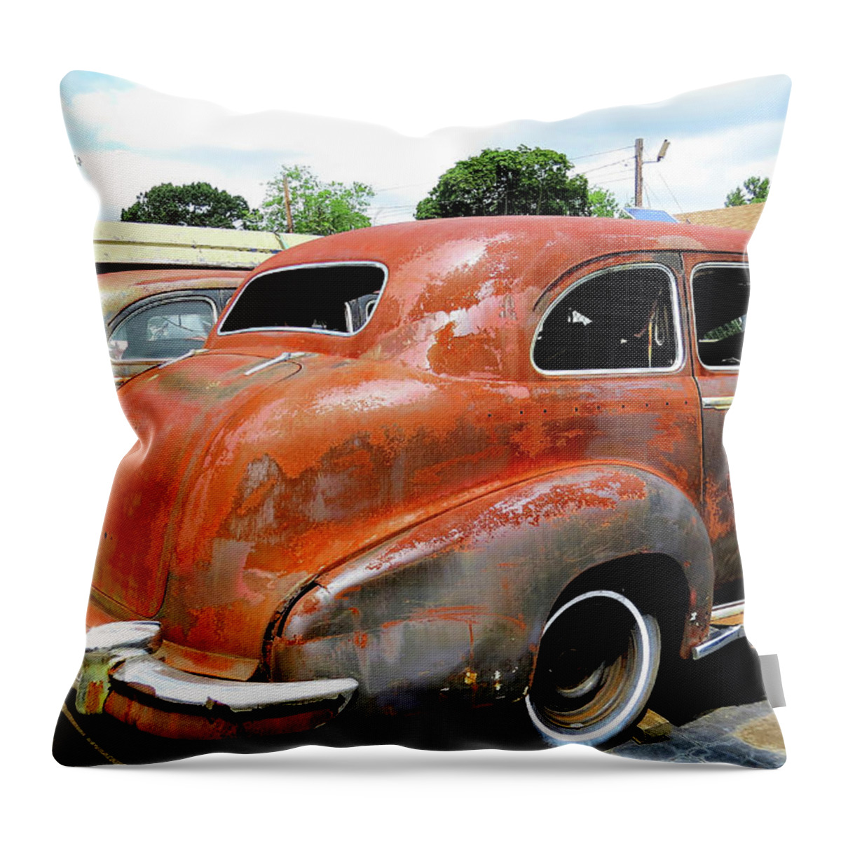 Cadillac Throw Pillow featuring the photograph Pair of Rusty 1947 Cadillac Imperial Limos by Linda Stern