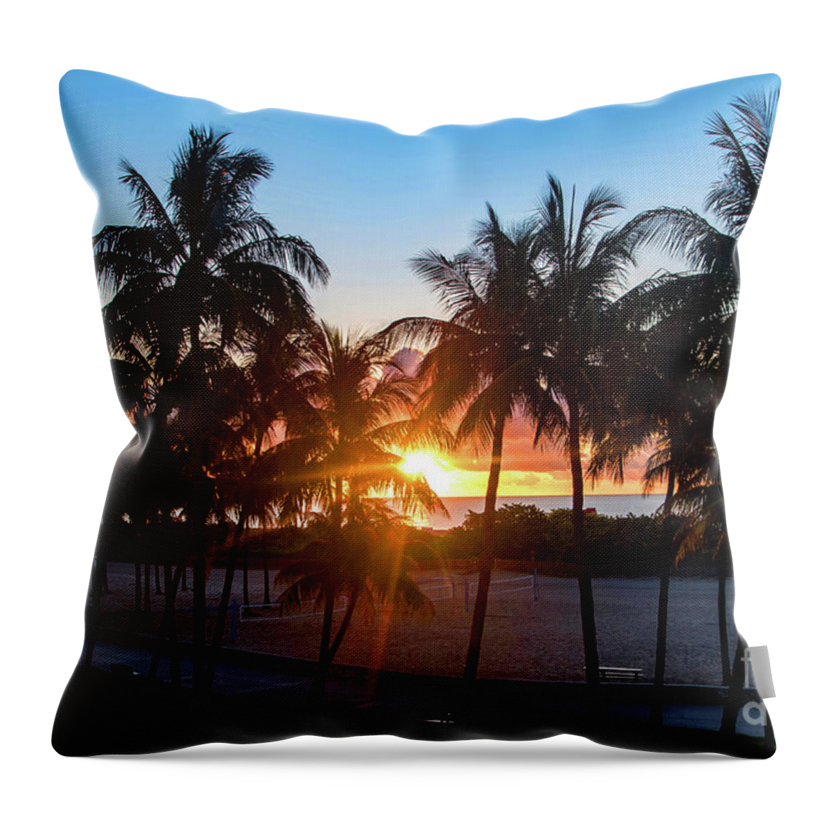 Palm Throw Pillow featuring the photograph Palm Tree Sunset on Ocean Drive South Beach Miami by Beachtown Views