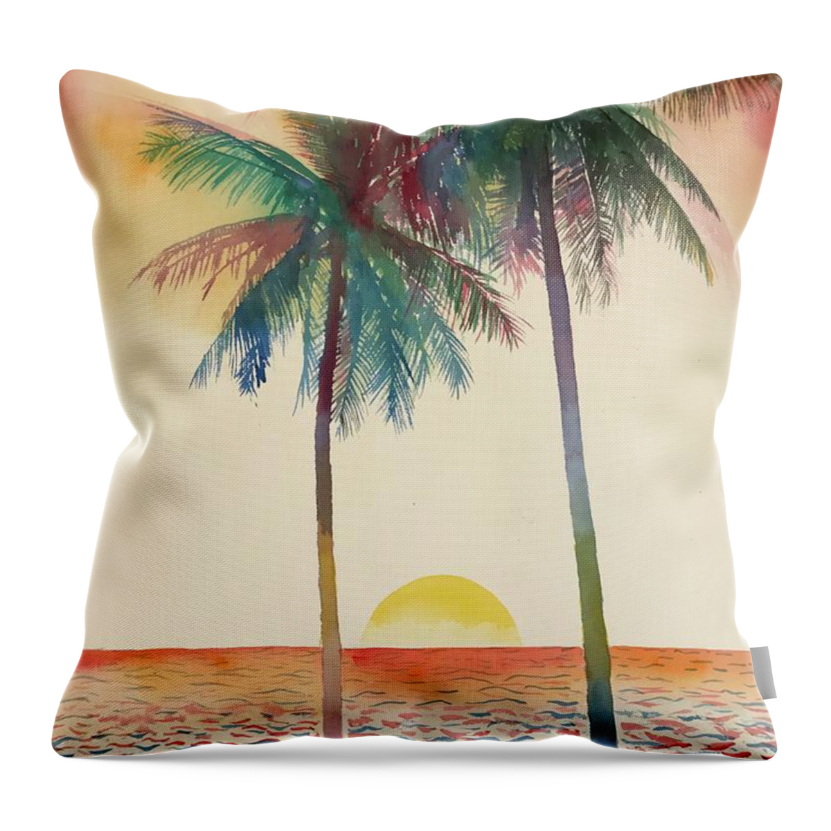 #palmtrees #palm #trees #ocean #sunset #mexico #beach #glenneff #thesoundpoetsmusic #picturerockstudio #watercolor #watercolorpainting #beachchairs #tranquil Throw Pillow featuring the painting Palm Trees Beach Sunset by Glen Neff