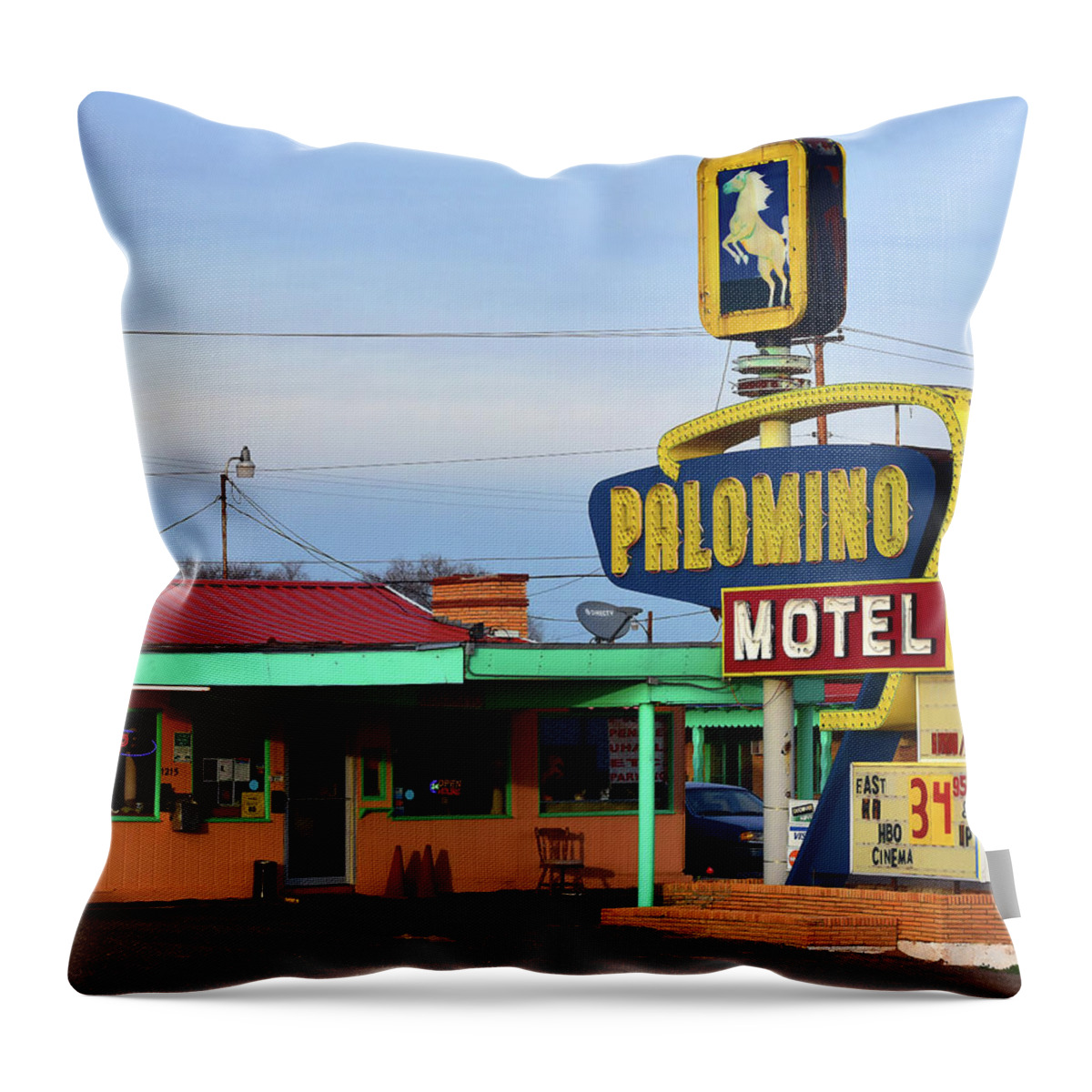 Motel Throw Pillow featuring the photograph Palomino Motel by Jon Herrera