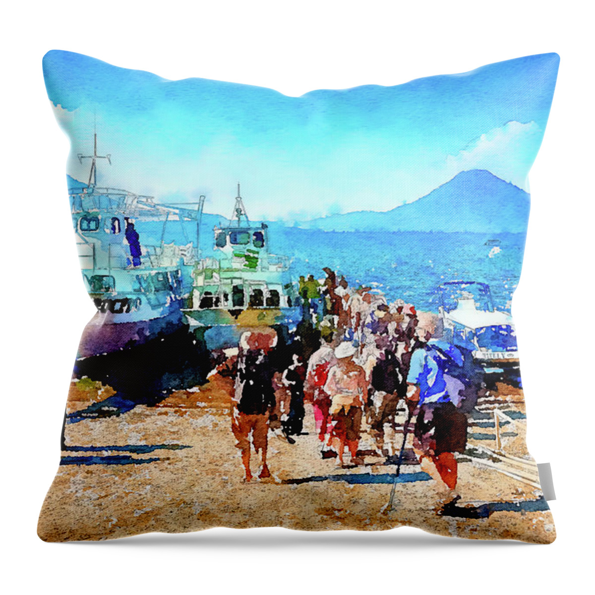 Panajachel Throw Pillow featuring the mixed media Panajachel departing point to Lake Atitlan, Guatemala by Tatiana Travelways