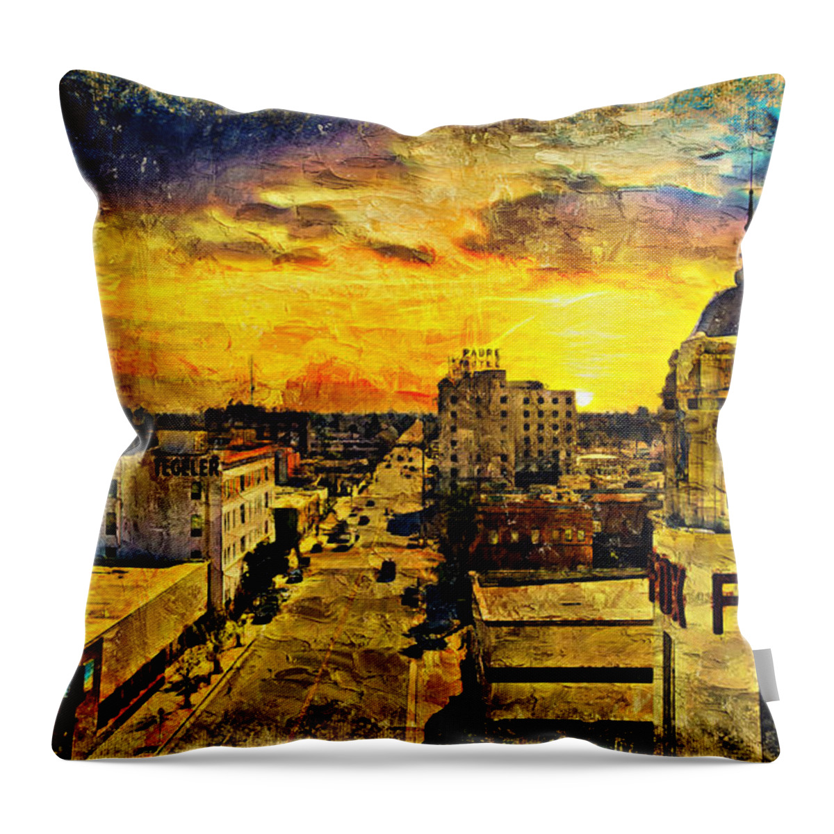 Bakersfield Throw Pillow featuring the digital art Panorama of downtown Bakersfield, California - digital painting by Nicko Prints