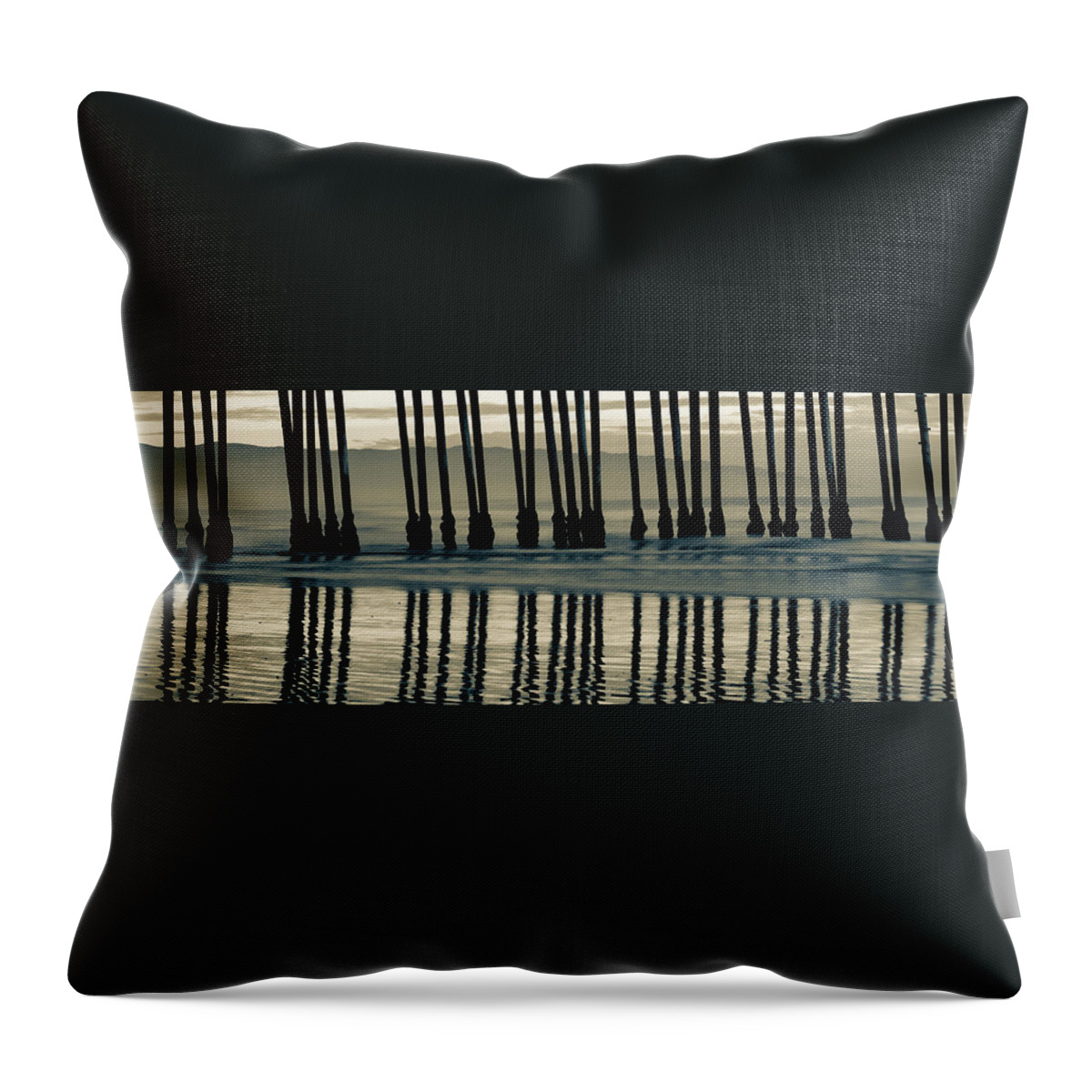Pismo Beach Panorama Throw Pillow featuring the photograph Panoramic Pismo Beach Pier Pilings - Sepia by Gregory Ballos