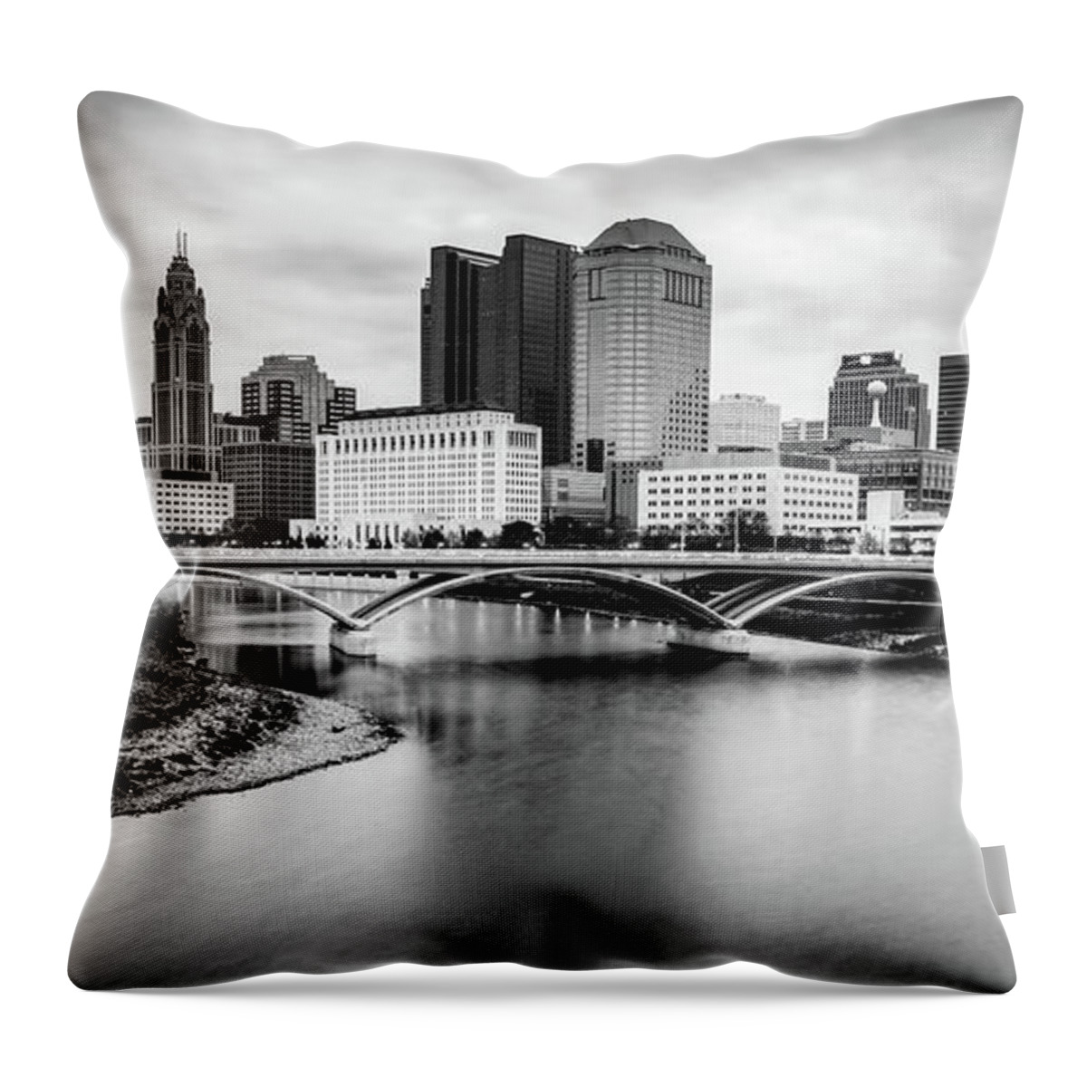 Columbus Skyline Throw Pillow featuring the photograph Panoramic Skyline of Columbus Ohio - Monochrome Edition by Gregory Ballos