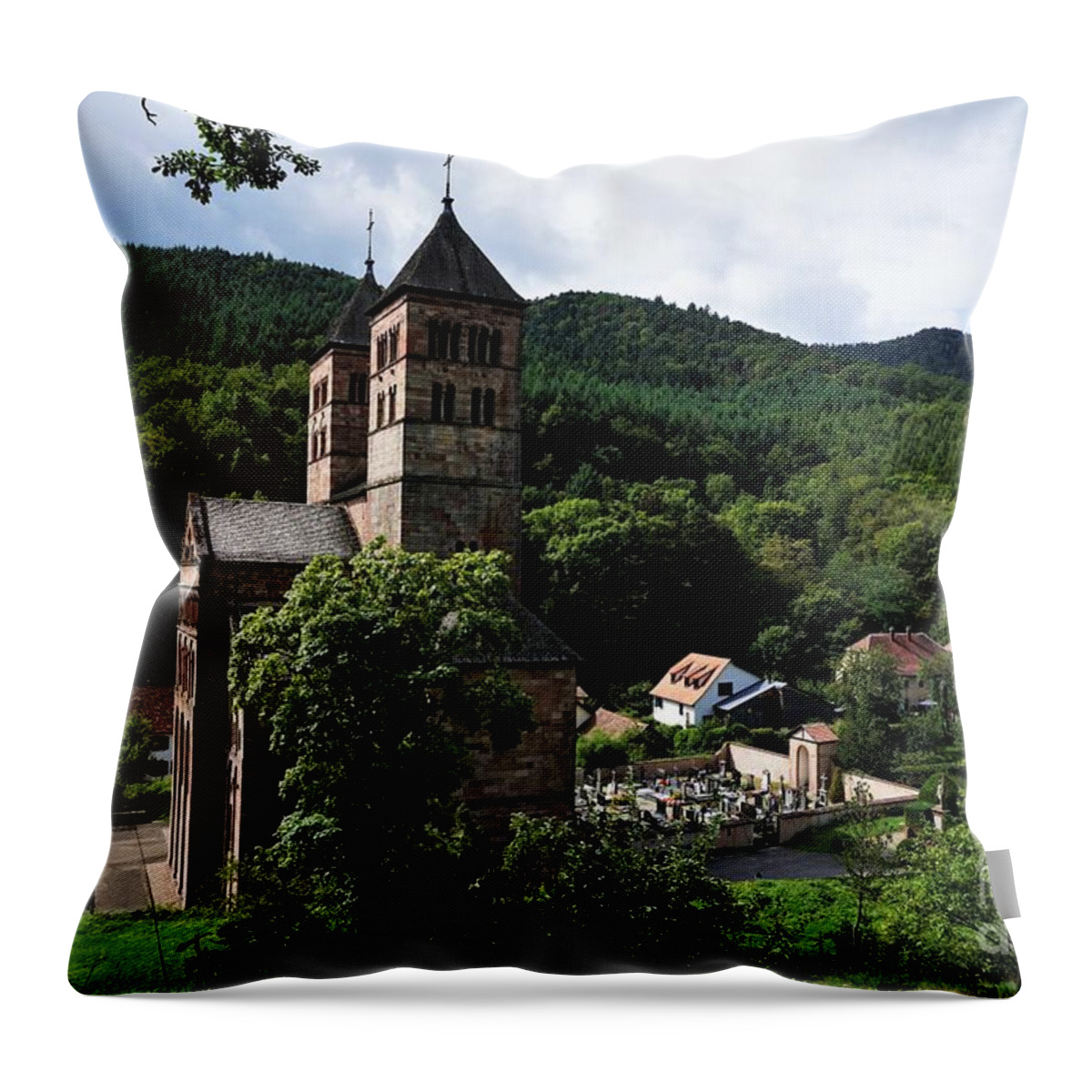 Church Throw Pillow featuring the photograph Panoramic view over the Abbey and the cemetery in the village of Murbach by Pis Ces