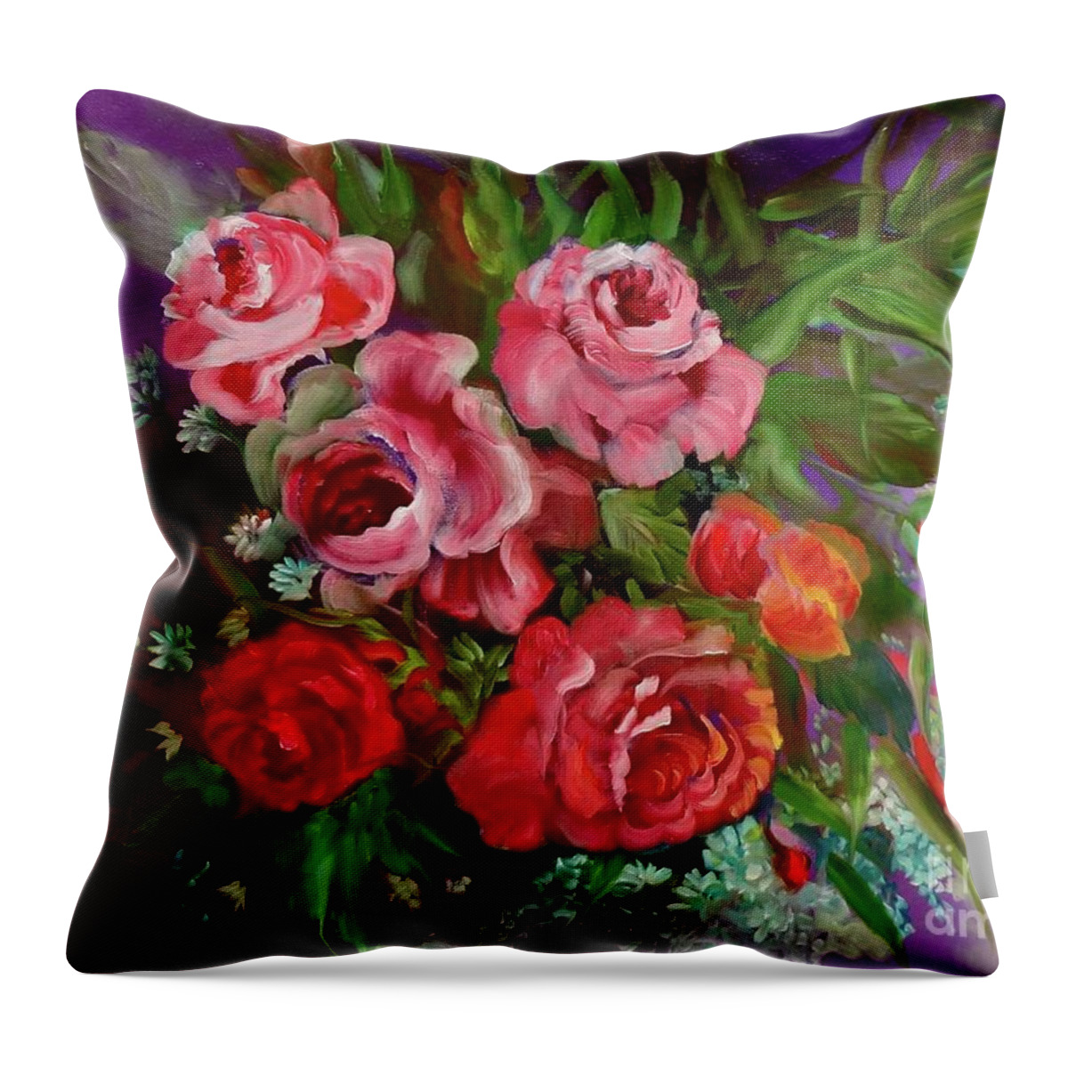 Pink Roses Throw Pillow featuring the painting Parade of Roses by Jenny Lee