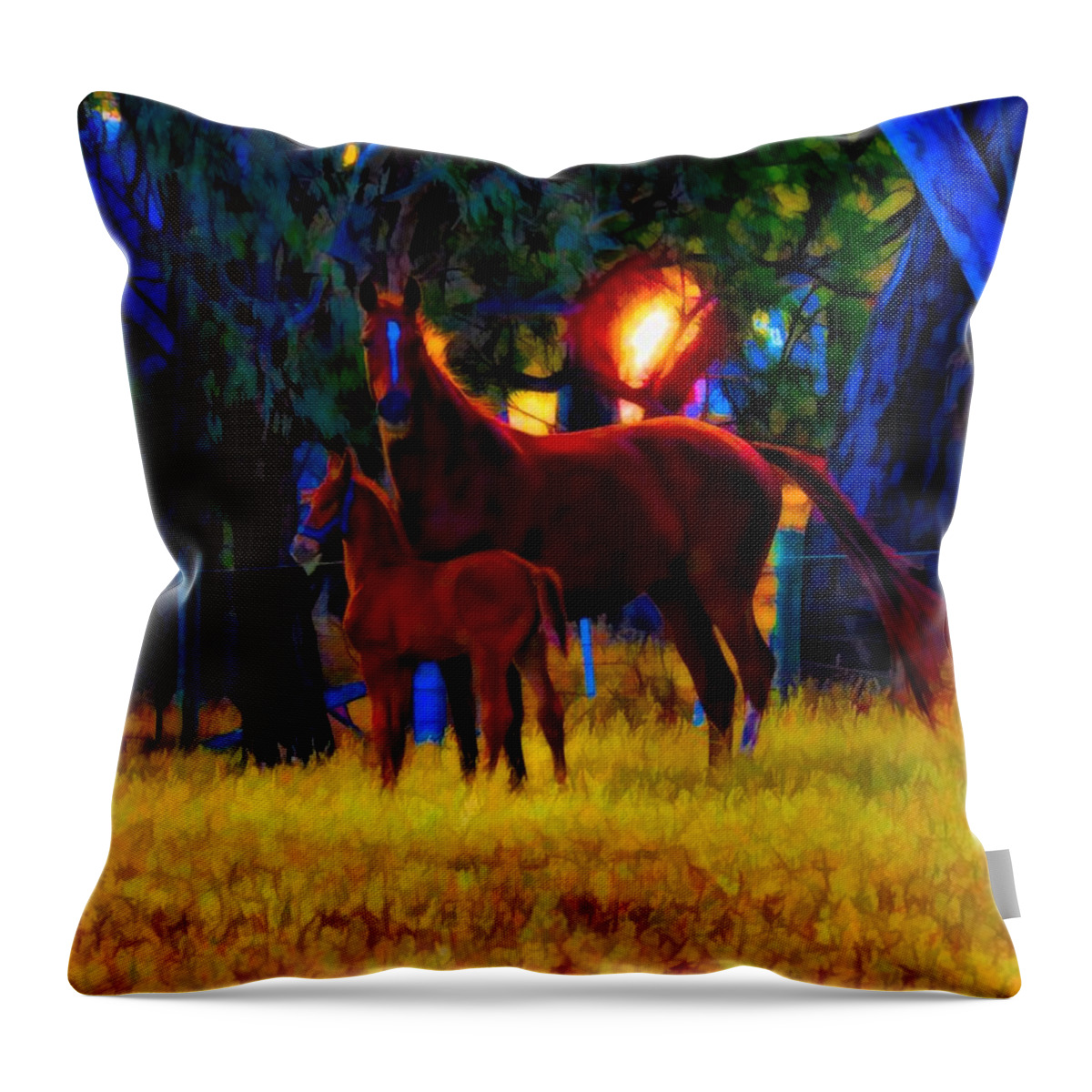 Horse Throw Pillow featuring the mixed media Paris And Foal At Sunset by Joan Stratton