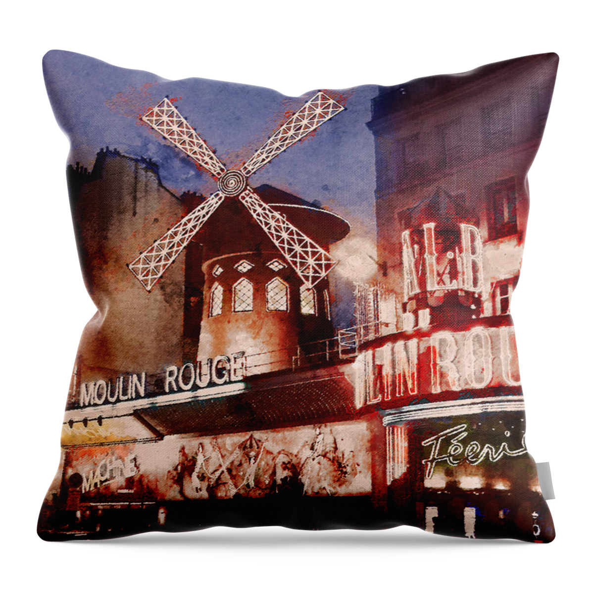 Moulin Rouge Throw Pillow featuring the painting Paris. Moulin Rouge. by Alex Mir
