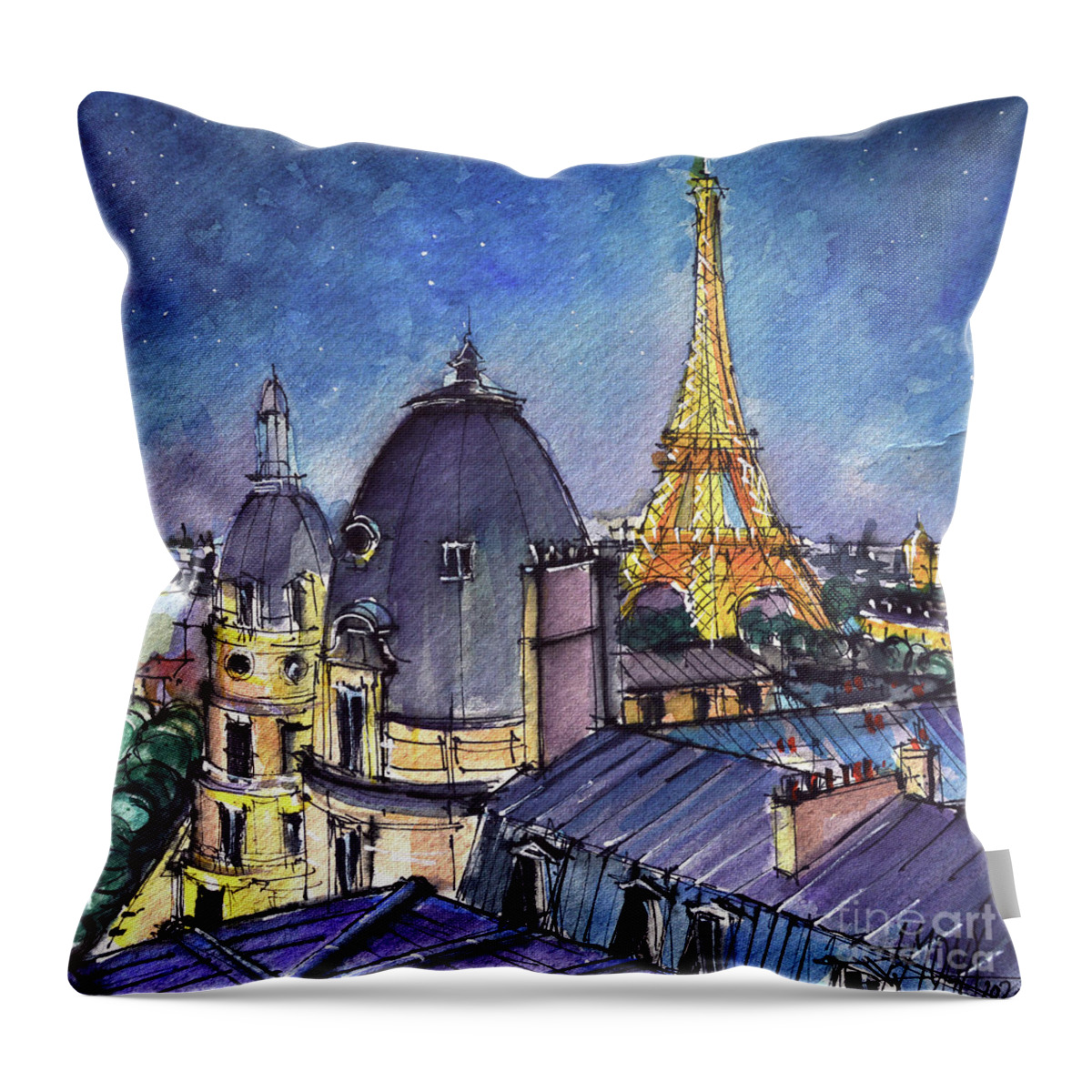 Paris Rooftops Throw Pillow featuring the painting PARIS ROOFTOPS IN THE SOFTLY STARLIT EVENING watercolor painting Mona Edulesco by Mona Edulesco