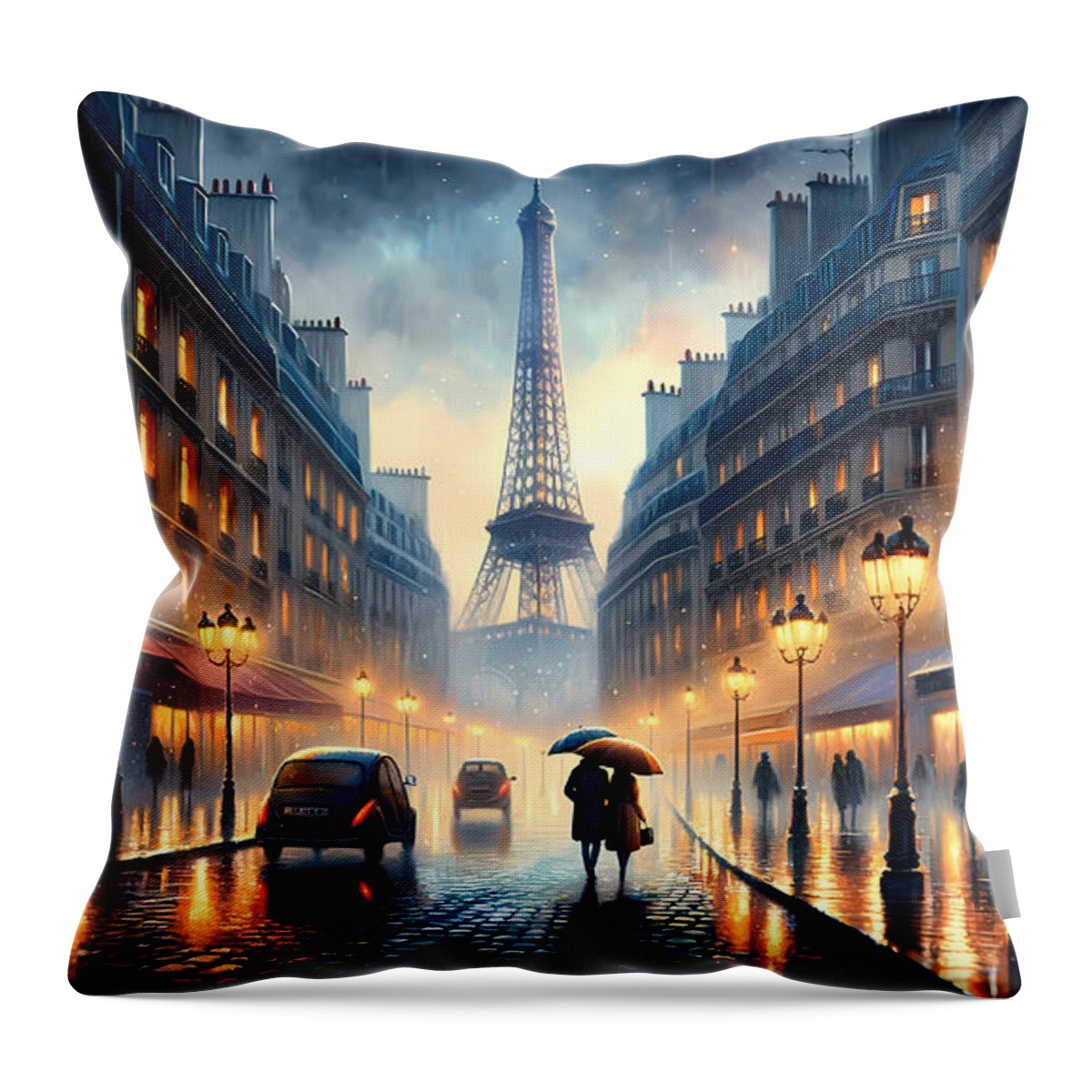 Paris Throw Pillow featuring the digital art Parisian Streets in Rain, A romantic rainy scene on the streets of Paris with the Eiffel Tower by Jeff Creation