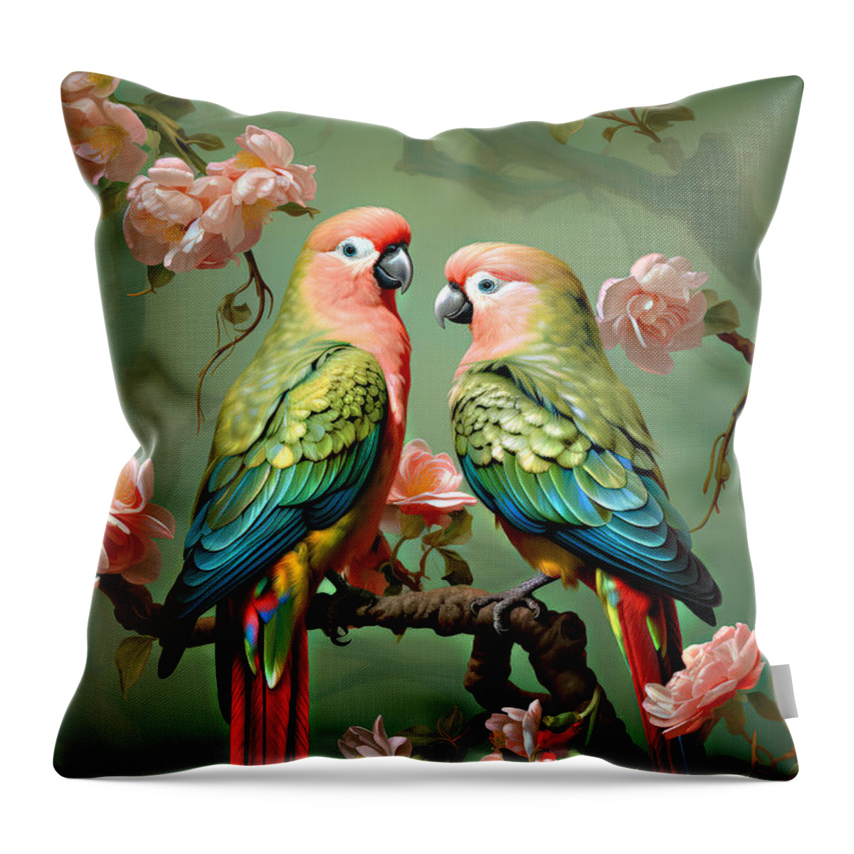 Parrots Throw Pillow featuring the digital art Parrots on a Branch Series 03172024a by Carlos Diaz