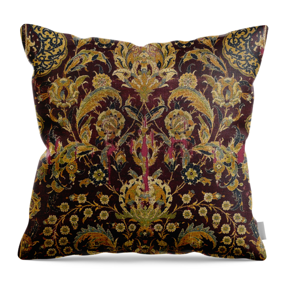 China Flag Throw Pillow featuring the painting Pashmina Carpet with Gateway-and-Millefleur Pattern Design Gold by Tony Rubino