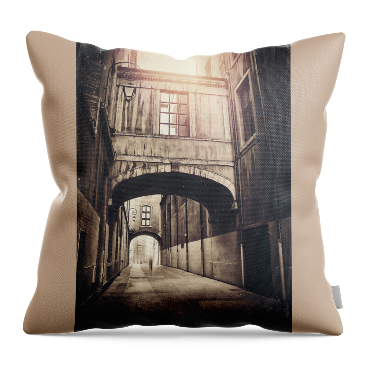 Lyon Throw Pillow featuring the photograph Passageways of Historic Lyon France Vintage Sepia by Carol Japp