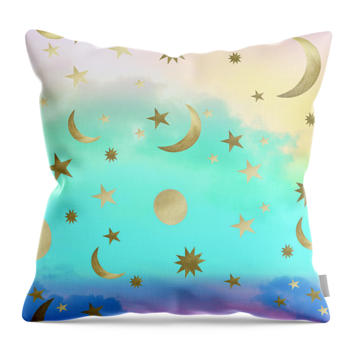 Collage Throw Pillow featuring the mixed media Pastel Rainbow Starry Sky Moon Dream #1 #decor #art by Anitas and Bellas Art