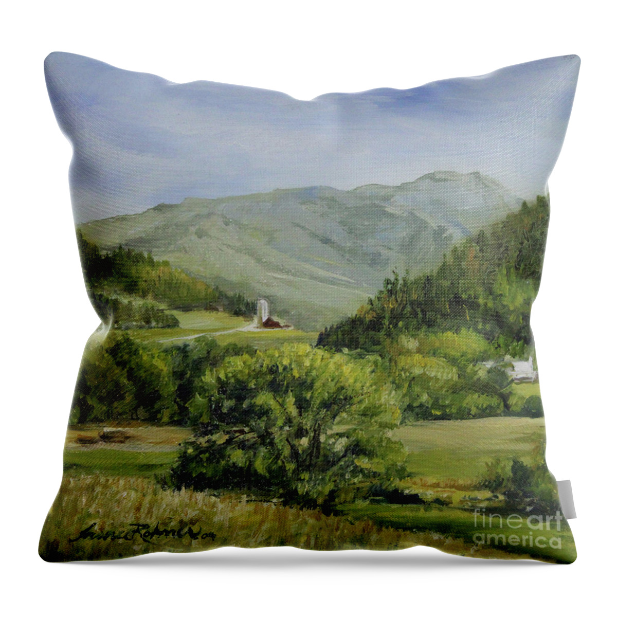 Pastures Throw Pillow featuring the painting Pastures Below Mt. Mansfield. by Laurie Rohner