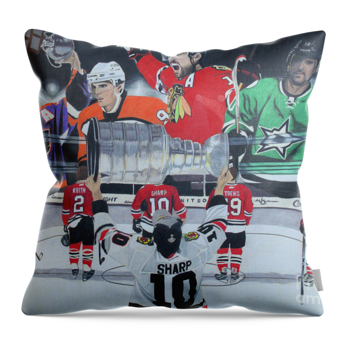 Patrick Sharp Throw Pillow featuring the drawing Patrick Sharp - A Story of a Career by Melissa Jacobsen