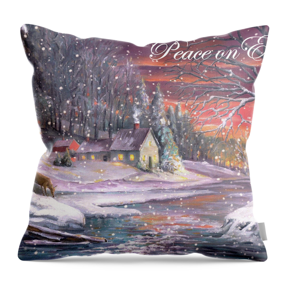 Holiday Throw Pillow featuring the mixed media Peace on Earth Winter Landscape by Nancy Griswold