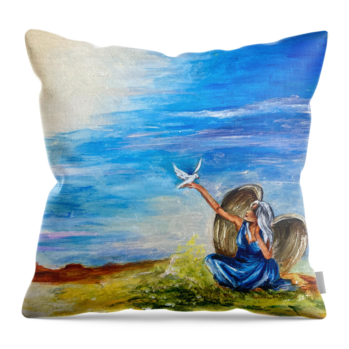 Angel Throw Pillow featuring the painting Peaceful Guardian by Karen Ferrand Carroll