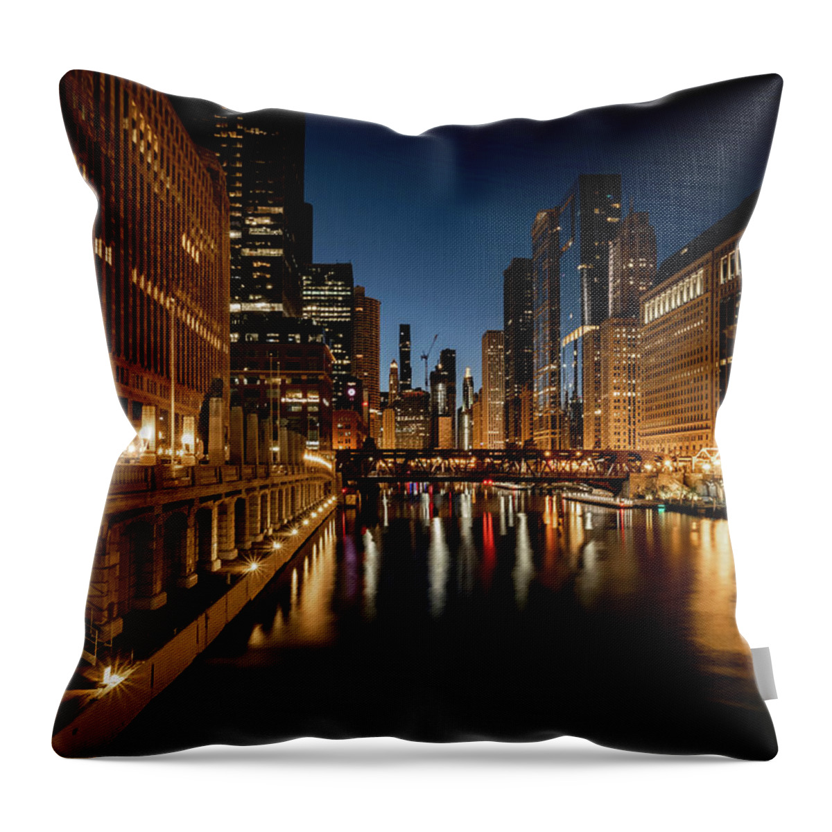 Chicago Throw Pillow featuring the photograph Peaceful night on the Chicago river by Sven Brogren