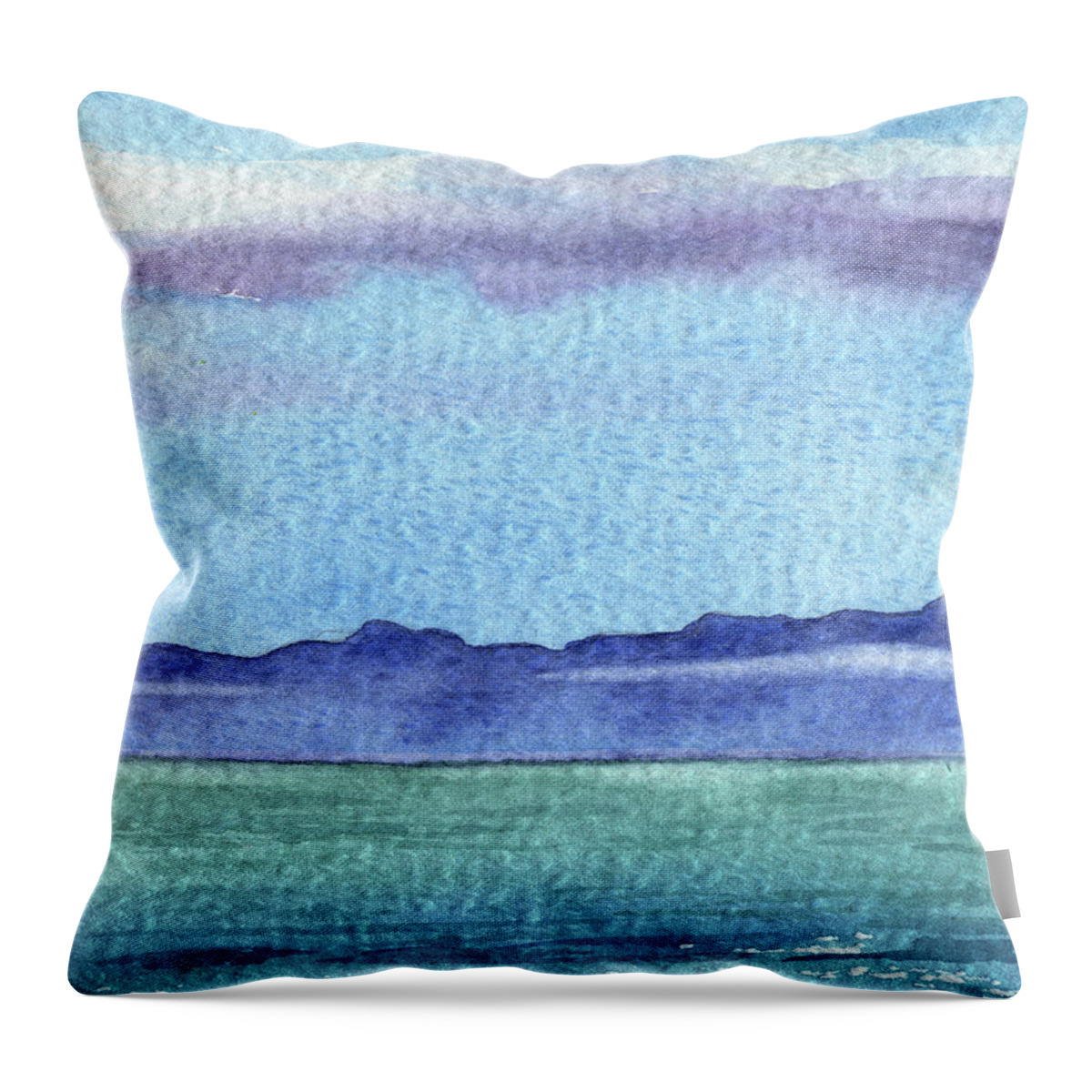 Mountain Lake Throw Pillow featuring the painting Peaceful Seascape Watercolor Lake With Mountains And Clouds by Irina Sztukowski