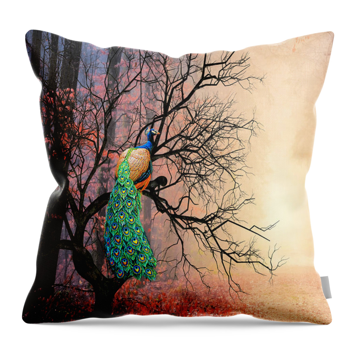Autumn Throw Pillow featuring the mixed media Peacock in the Fall by Morag Bates