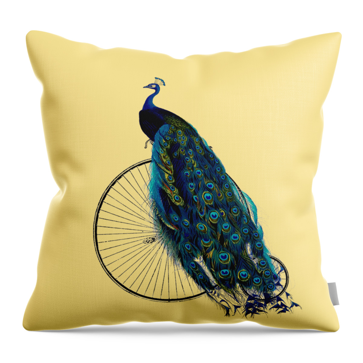 Regal Throw Pillow featuring the digital art Peacock On A Bicycle, Home Decor by Madame Memento