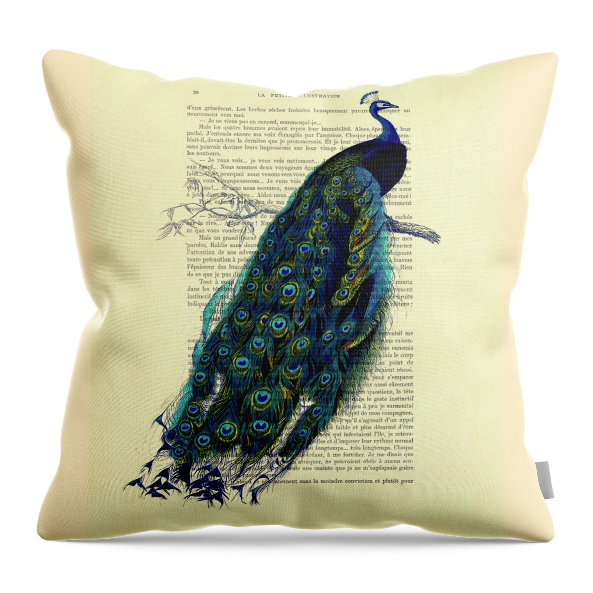 Peacock Throw Pillow featuring the mixed media Peacock on branch by Madame Memento