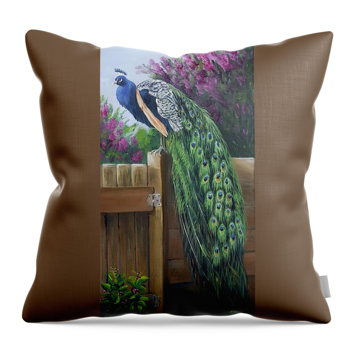 Peacock Painting Throw Pillow featuring the painting Peacock Perch by Connie Rish