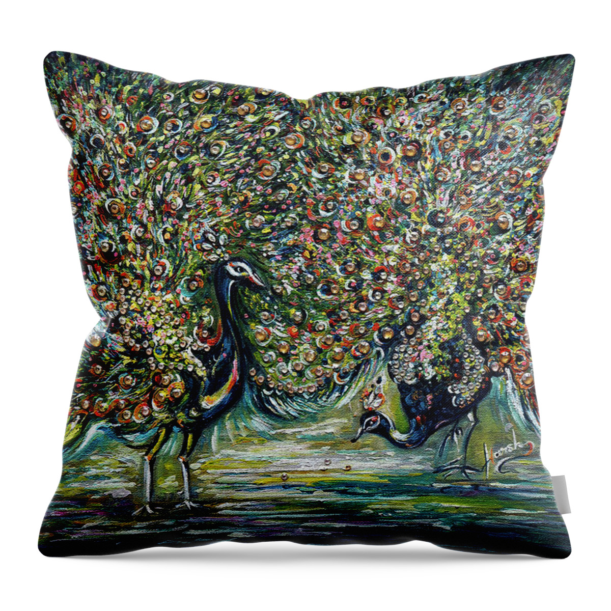 Peacock Throw Pillow featuring the painting Peacocks - impressionist by Harsh Malik