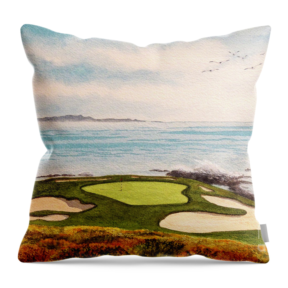 Golf Course Paintings Throw Pillow featuring the painting Pebble Beach Golf Course Signature Hole 7 by Bill Holkham