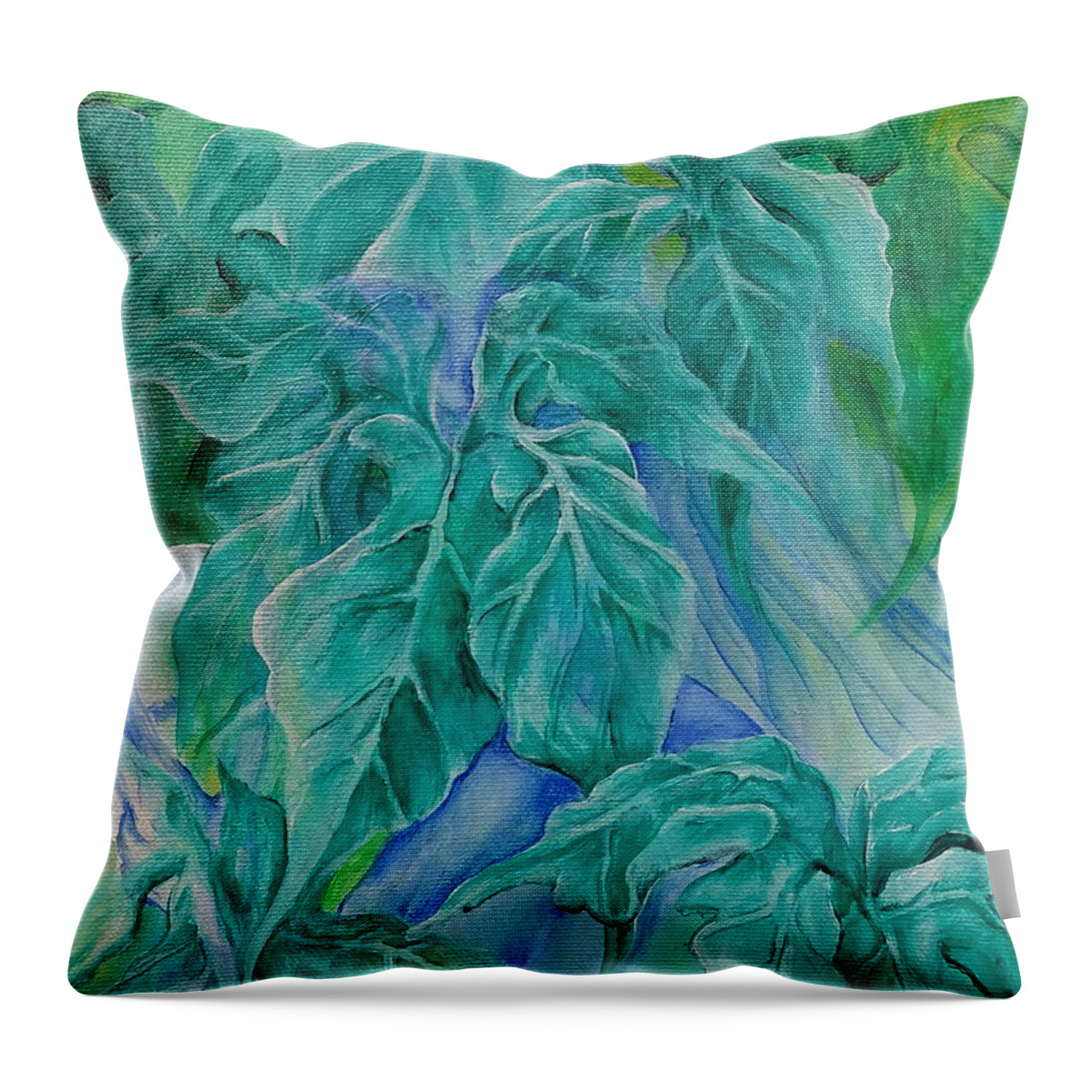 Leaves Throw Pillow featuring the painting Peering Leaves by Teresamarie Yawn