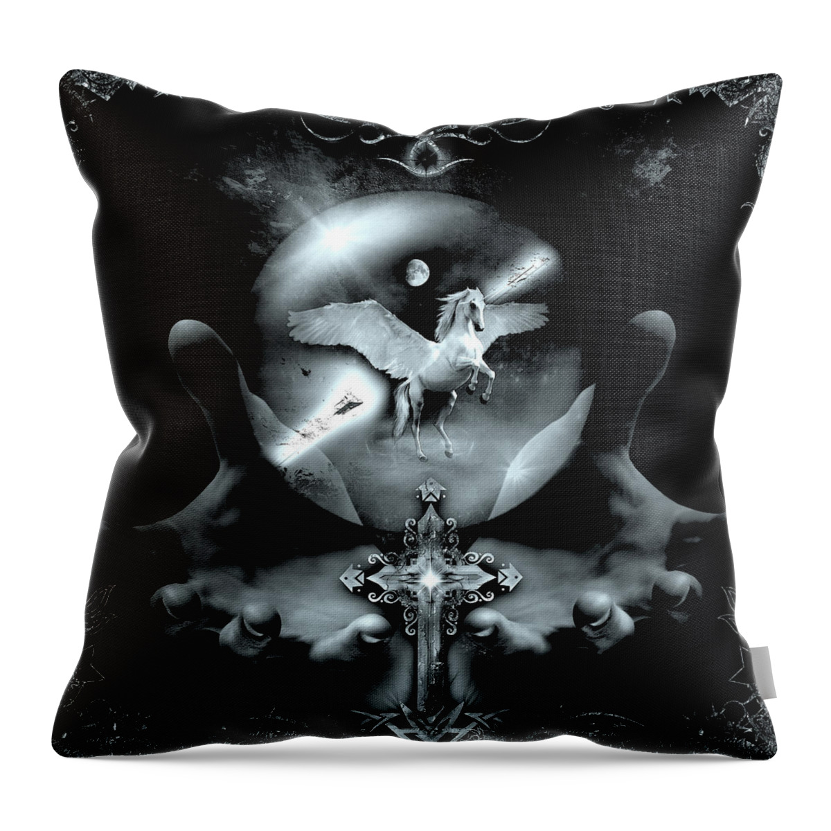 Pegasus Throw Pillow featuring the digital art Pegasus BW by Michael Damiani