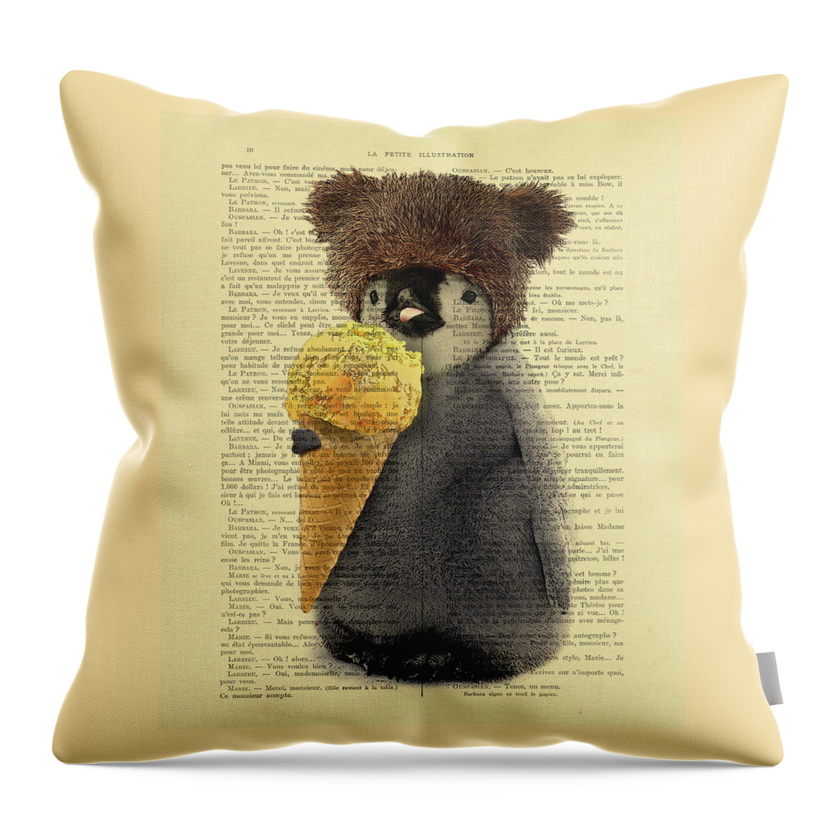 Penguin Throw Pillow featuring the digital art Penguin With Ice Cream by Madame Memento