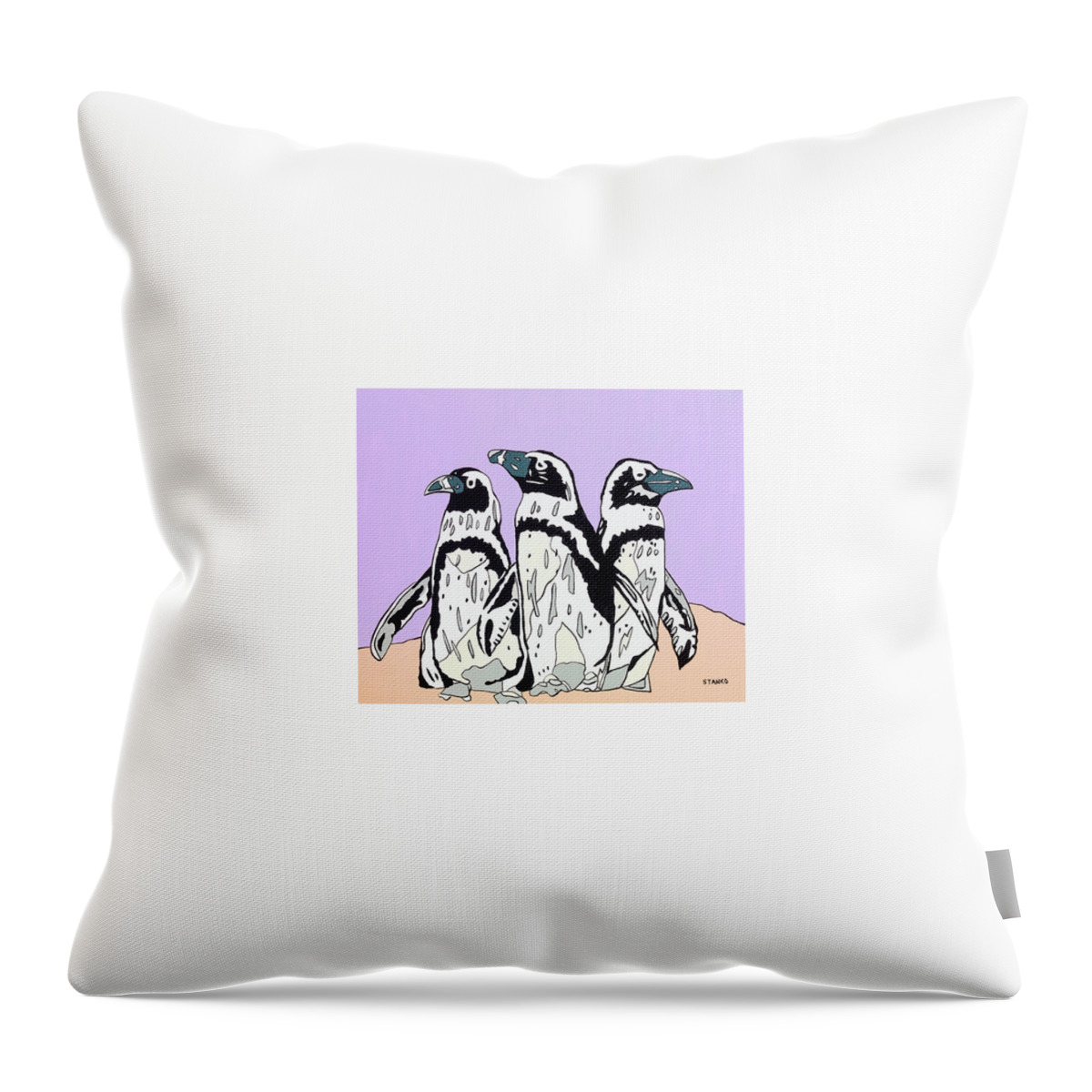 Penguins Birds Throw Pillow featuring the painting Penguins by Mike Stanko